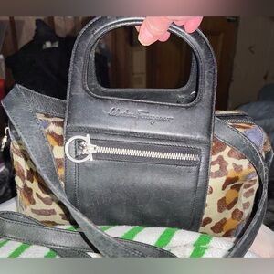 Salvatore Ferragamo Black Leather & Leopard Print Top-Handle Bag Some Wear .